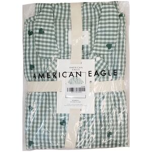 AMERICAN EAGLE Women's Gingham Hearts Seersucker Pajama Set Dried Sage NWT